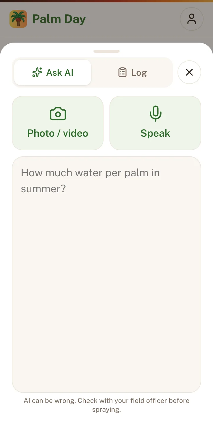 Palm Day AI Ask screen: photo, voice and a question box